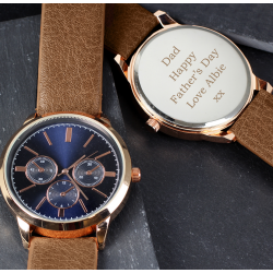 Personalised Mens Rose Gold Tone Watch with Brown Strap and Presentation Box