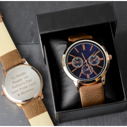 Personalised Mens Rose Gold Tone Watch with Brown Strap and Presentation Box