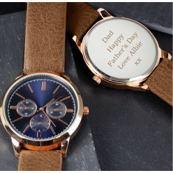 Personalised Mens Rose Gold Tone Watch with Brown Strap and Presentation Box