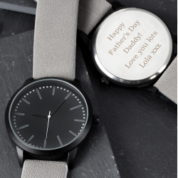 Personalised Mens Matte Black Watch with Grey Strap and Presentation Box