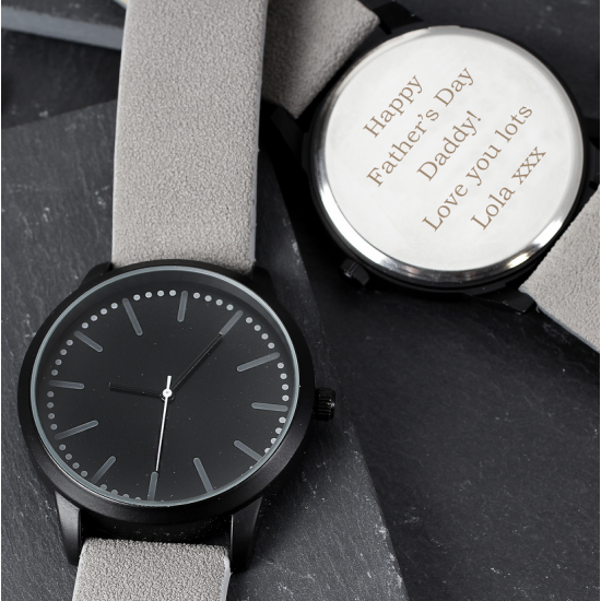 Personalised Mens Matte Black Watch with Grey Strap and Presentation Box