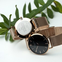 Personalised Rose Gold Mesh Strapped Watch With Black Dial