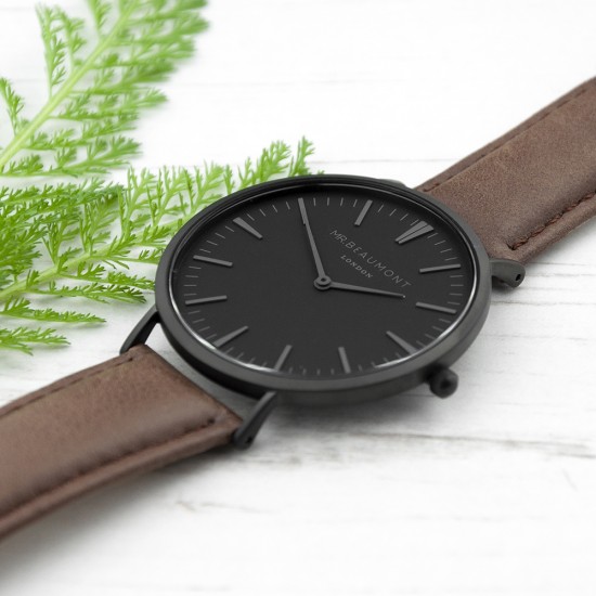 Men's Modern-Vintage Personalised Watch With Black Face in Brown