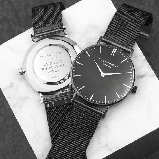Personalised Men's Metallic Charcoal Grey Watch With Black Face