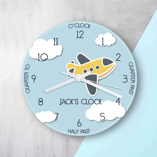 Personalised Kids Aeroplane Glass Clock